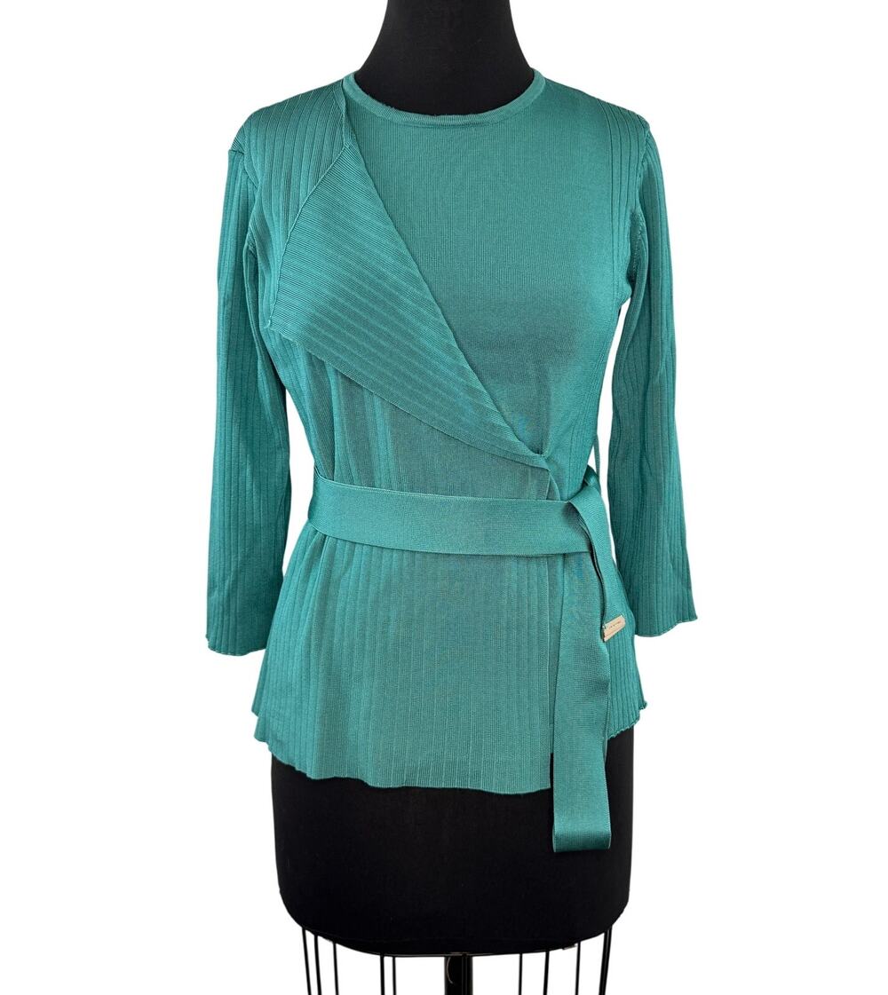 Purificacion Garcia Teal Green Sweater Top Ribbed Knit Faux Wrap Belted Large L